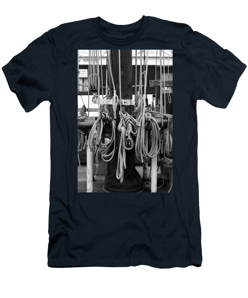 Belaying Pin T-Shirt featuring the photograph Rigging on a tall ship - monochrome by Ulrich Kunst And Bettina Scheidulin