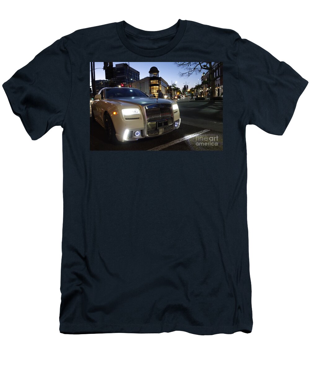 Rodeo Drive T-Shirt featuring the photograph Rolls Royce parked at the bottom of Rodeo Drive by Nina Prommer