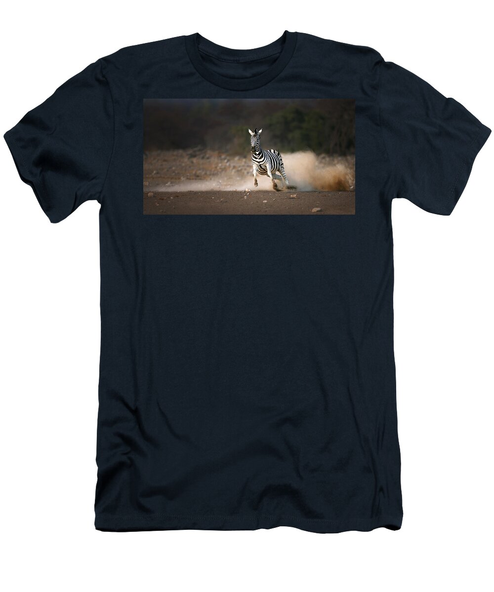 Zebra T-Shirt featuring the photograph Running Zebra by Johan Swanepoel