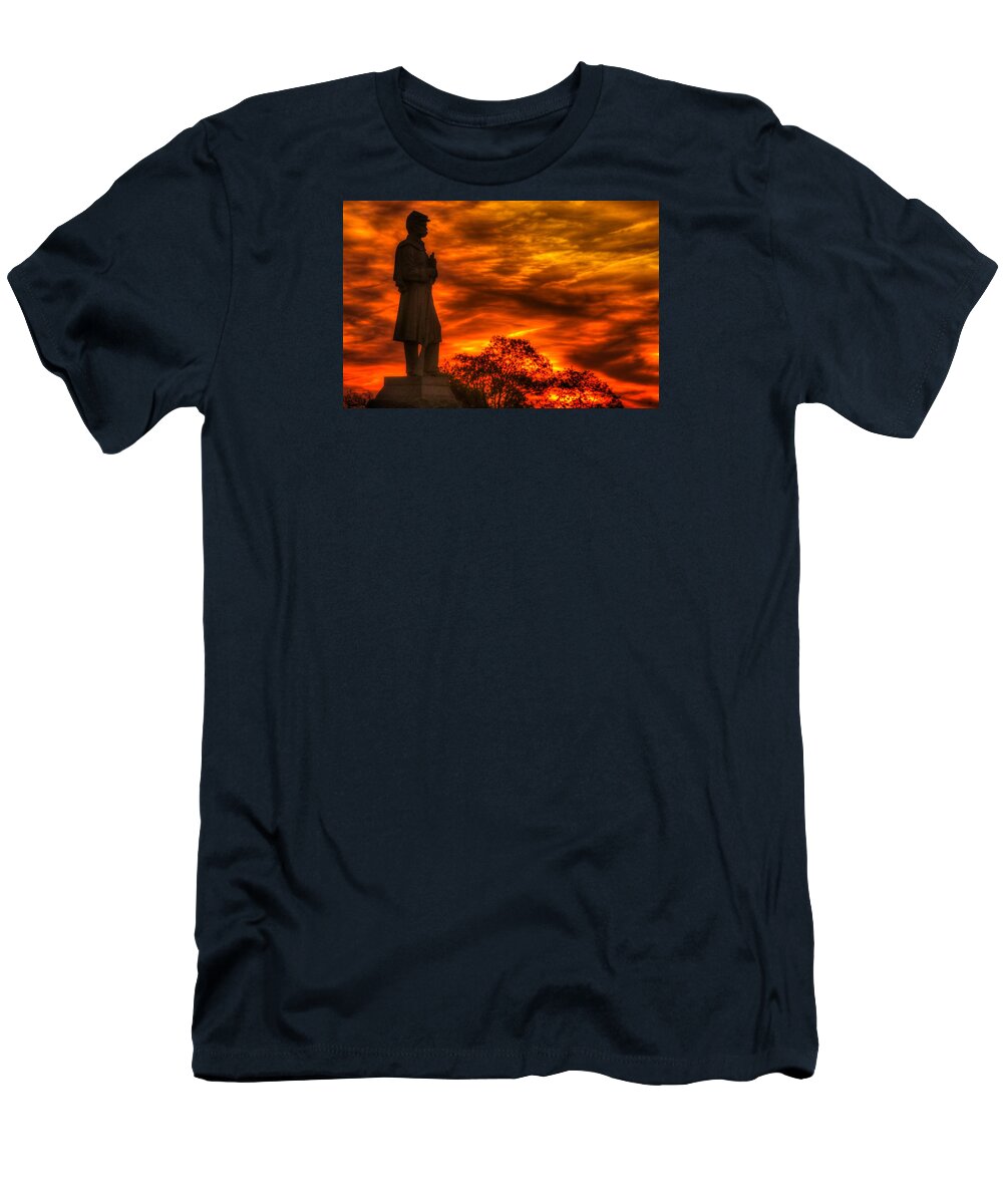 Civil War T-Shirt featuring the photograph Sky Fire - West Virginia at Gettysburg - 7th WV Volunteer Infantry Vigilance on East Cemetery Hill by Michael Mazaika