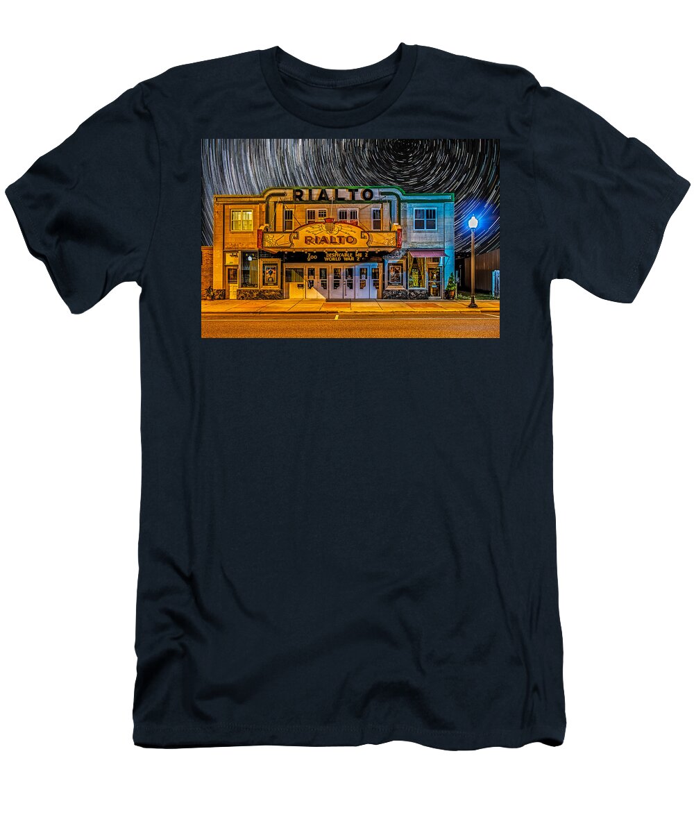 Rialto T-Shirt featuring the photograph Star trails over the Rialto by Paul Freidlund