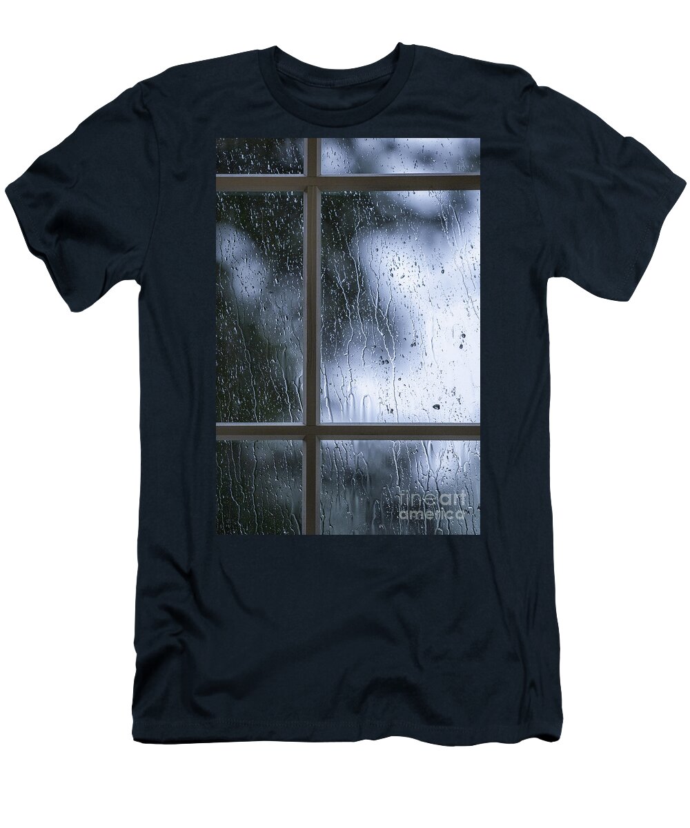 Window; Mullions; Paint; Painted; Rural; Trees; Country; Green; Blue; Teal; Rain; Raining; Rainy; Architecture; View; Protection; Dark; Darkness; Mysterious; Mystery; Crime; Thriller; Foreboding; Shadows; Serene; Inside; Indoors; Safe; Safety; Storm; Stormy; Storming; Pane; Multiple T-Shirt featuring the photograph Stormy Night by Margie Hurwich