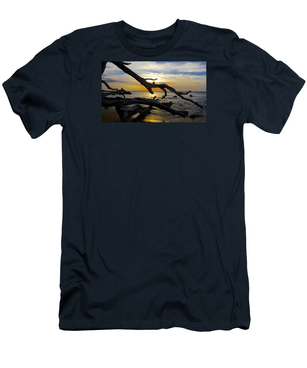 Sunset T-Shirt featuring the photograph Driftwood at Sunset on Beach '69 by Venetia Featherstone-Witty