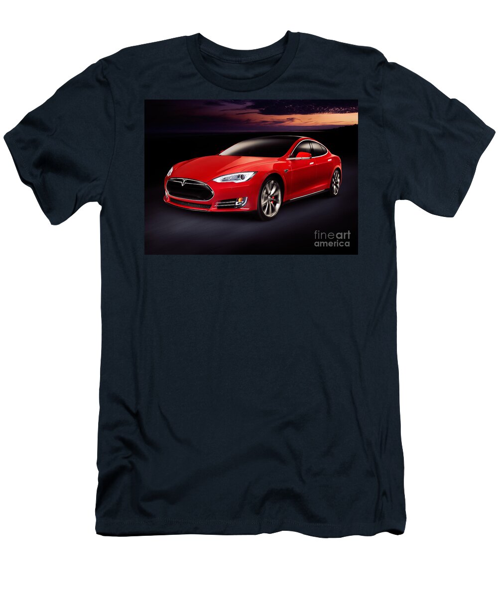 Tesla T-Shirt featuring the photograph Tesla Model S red luxury electric car outdoors by Maxim Images Exquisite Prints