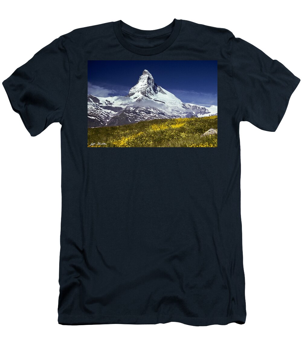 Alpine T-Shirt featuring the photograph The Matterhorn with Alpine Meadow in Foreground by Jeff Goulden