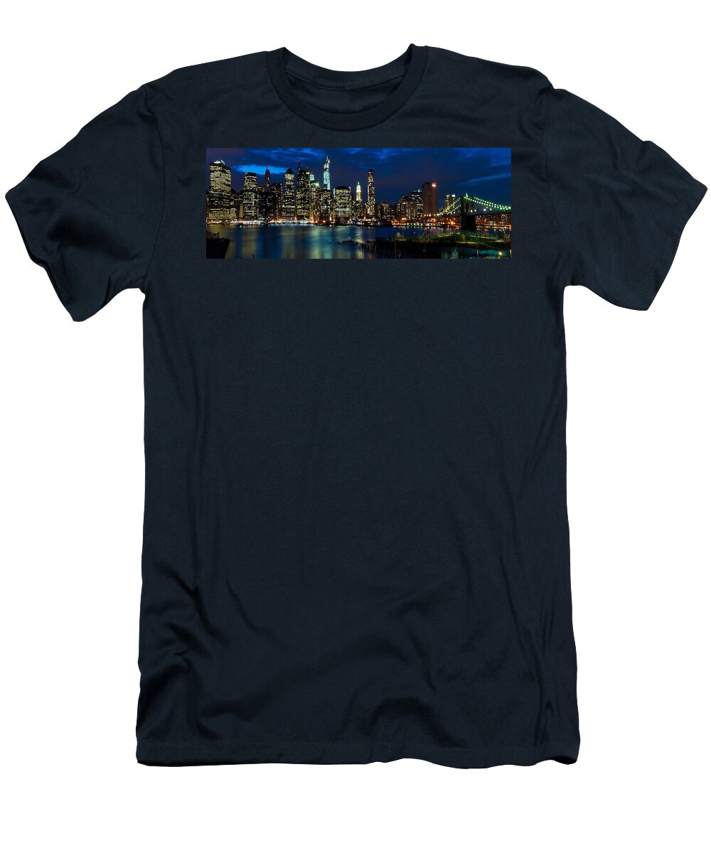 Amazing Brooklyn Bridge Photos T-Shirt featuring the photograph Twilight NYC Panorama by Mitchell R Grosky