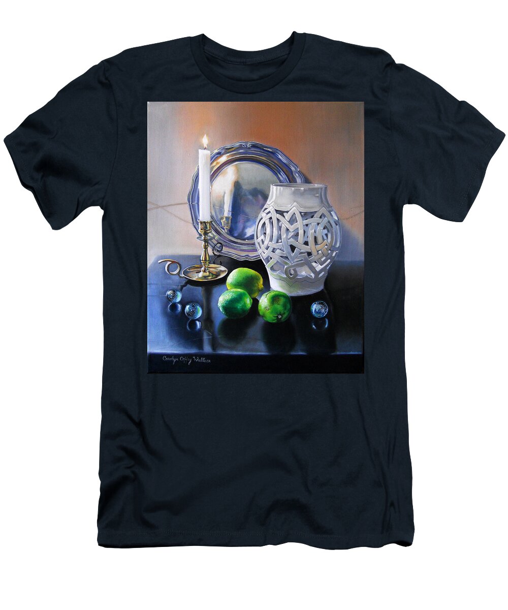 Art T-Shirt featuring the painting Vanitas Still Life by Candlelight with Limes 1 by Carolyn Coffey Wallace