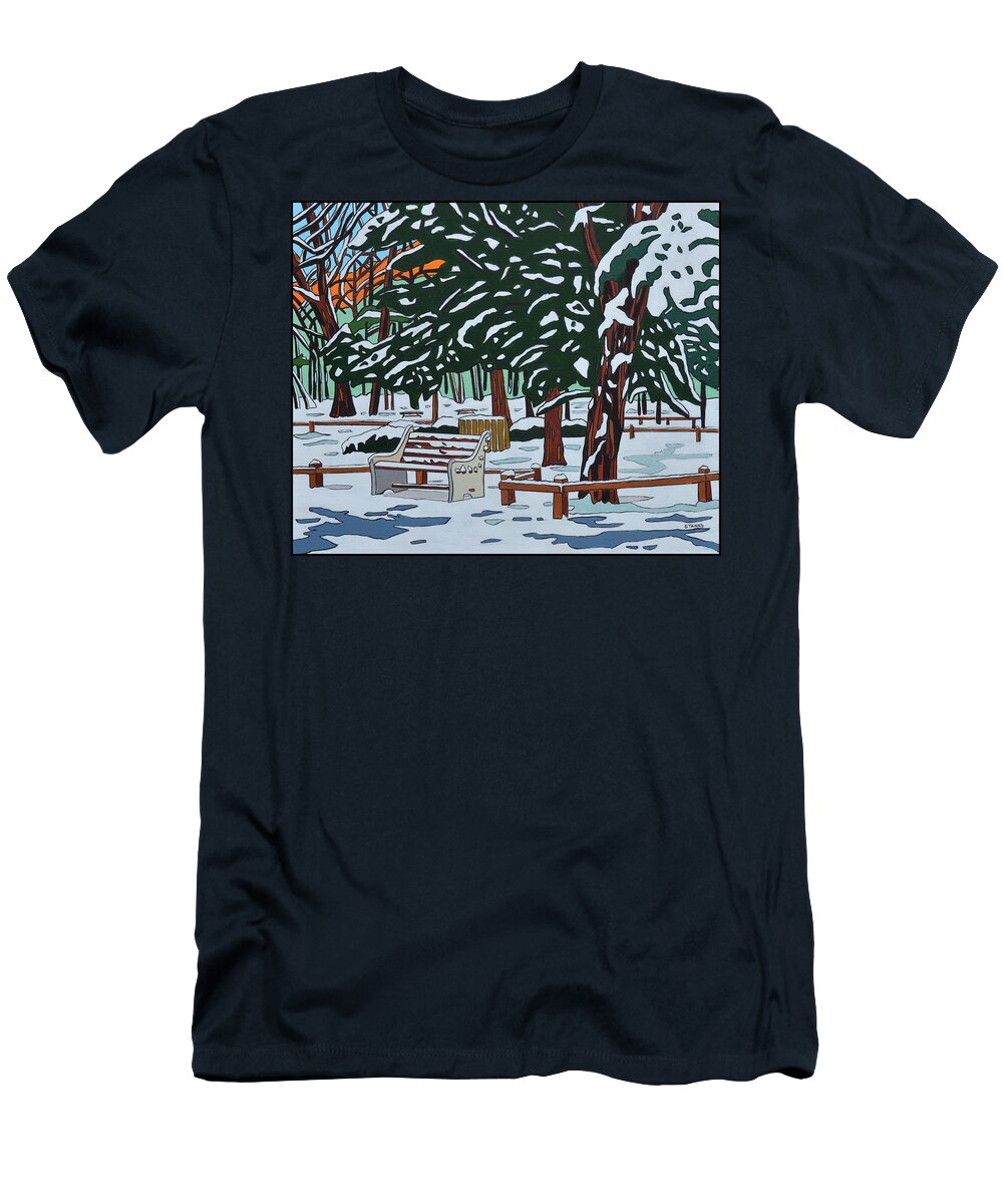 Valley Stream T-Shirt featuring the painting Winter on State Park Bench by Mike Stanko