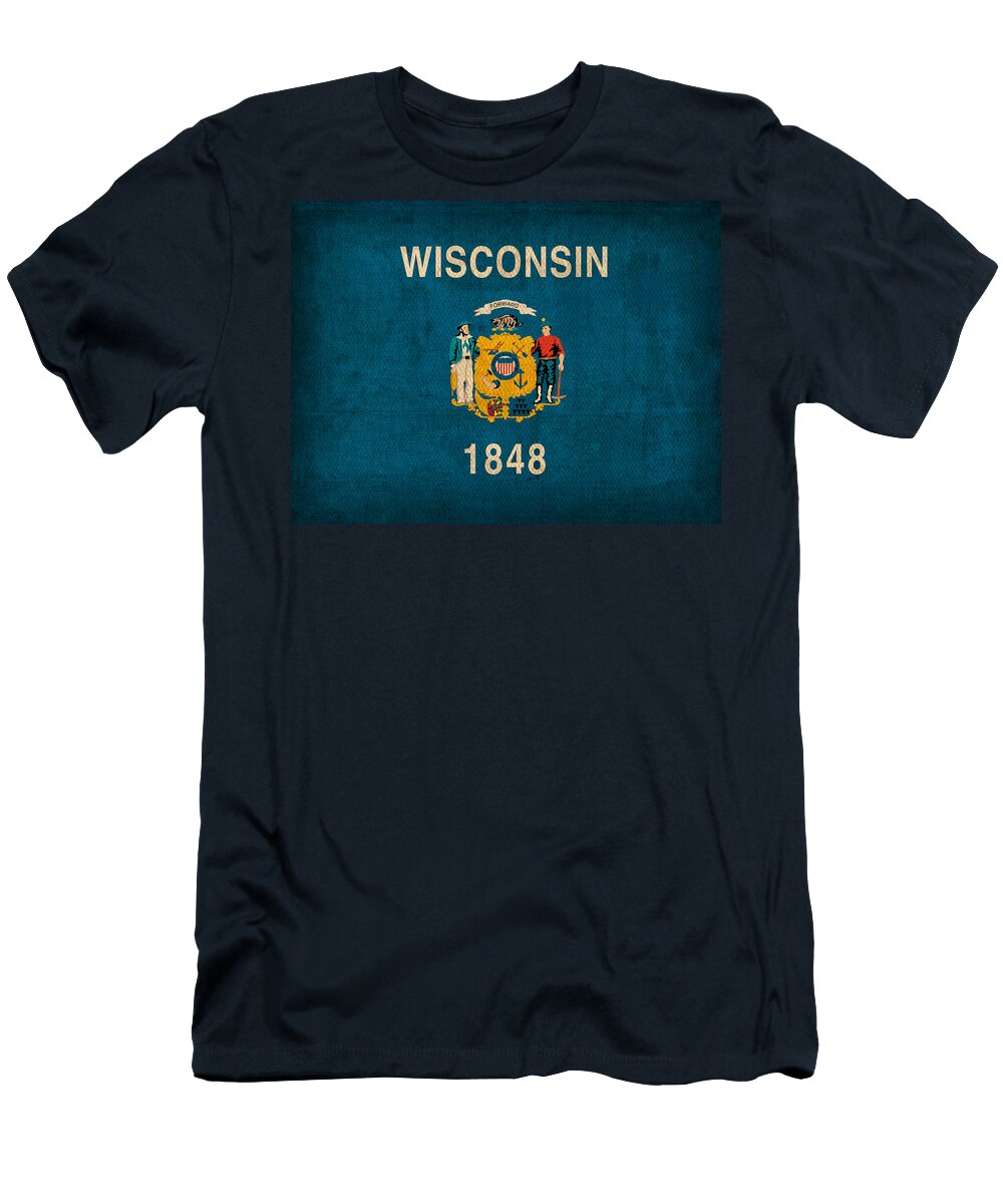 Wisconsin T-Shirt featuring the mixed media Wisconsin State Flag Art on Worn Canvas by Design Turnpike