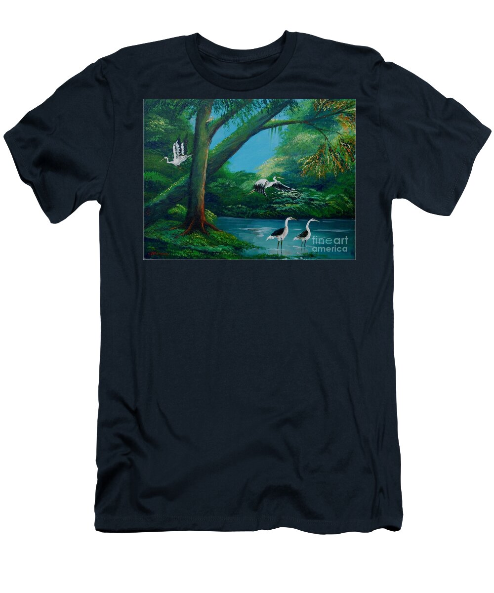 Wild Birds T-Shirt featuring the painting Cranes on the swamp by Jean Pierre Bergoeing