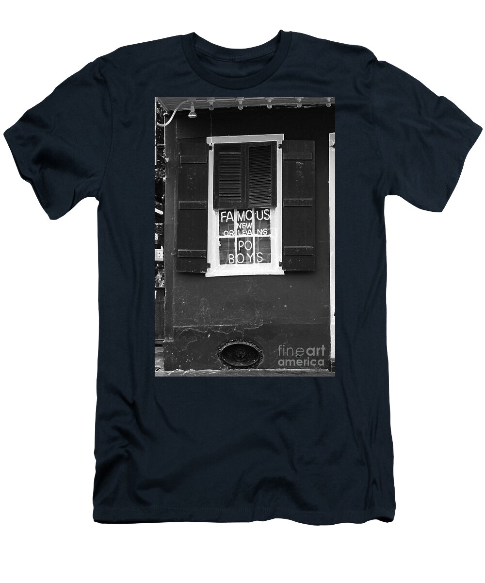 Travelpixpro New Orleans T-Shirt featuring the digital art Famous New Orleans PO BOYS Neon Window Sign Black and White Accented Edges Digital Art by Shawn O'Brien
