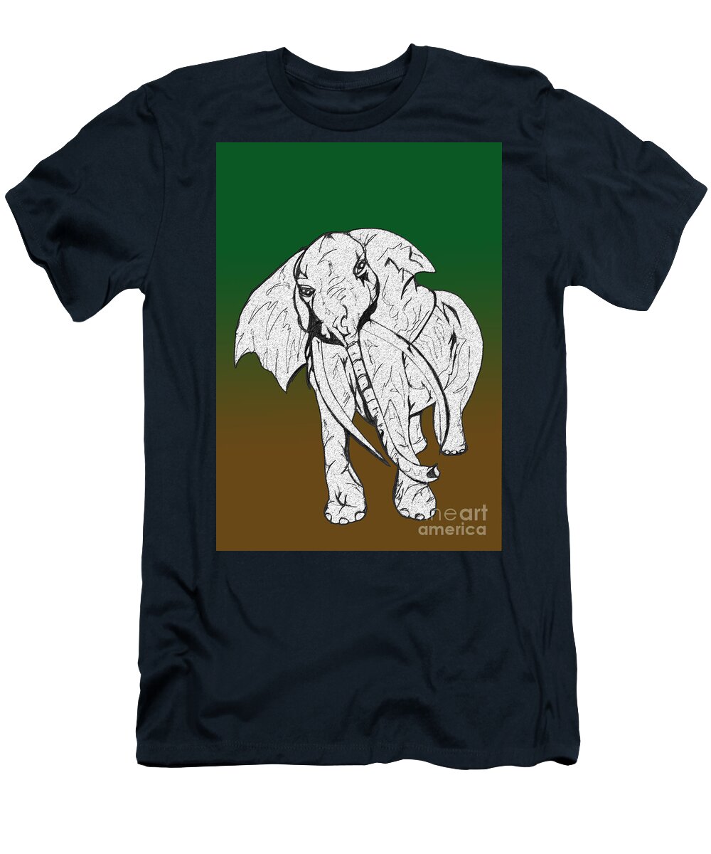Abstract T-Shirt featuring the drawing Inked Elephant in Green and Brown by Mary Mikawoz