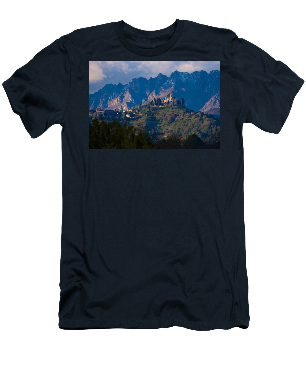 Alps Hills Italy Shrine Mountain Chapel High T-Shirt featuring the photograph Montevecchia and Resegone by Marco Busoni