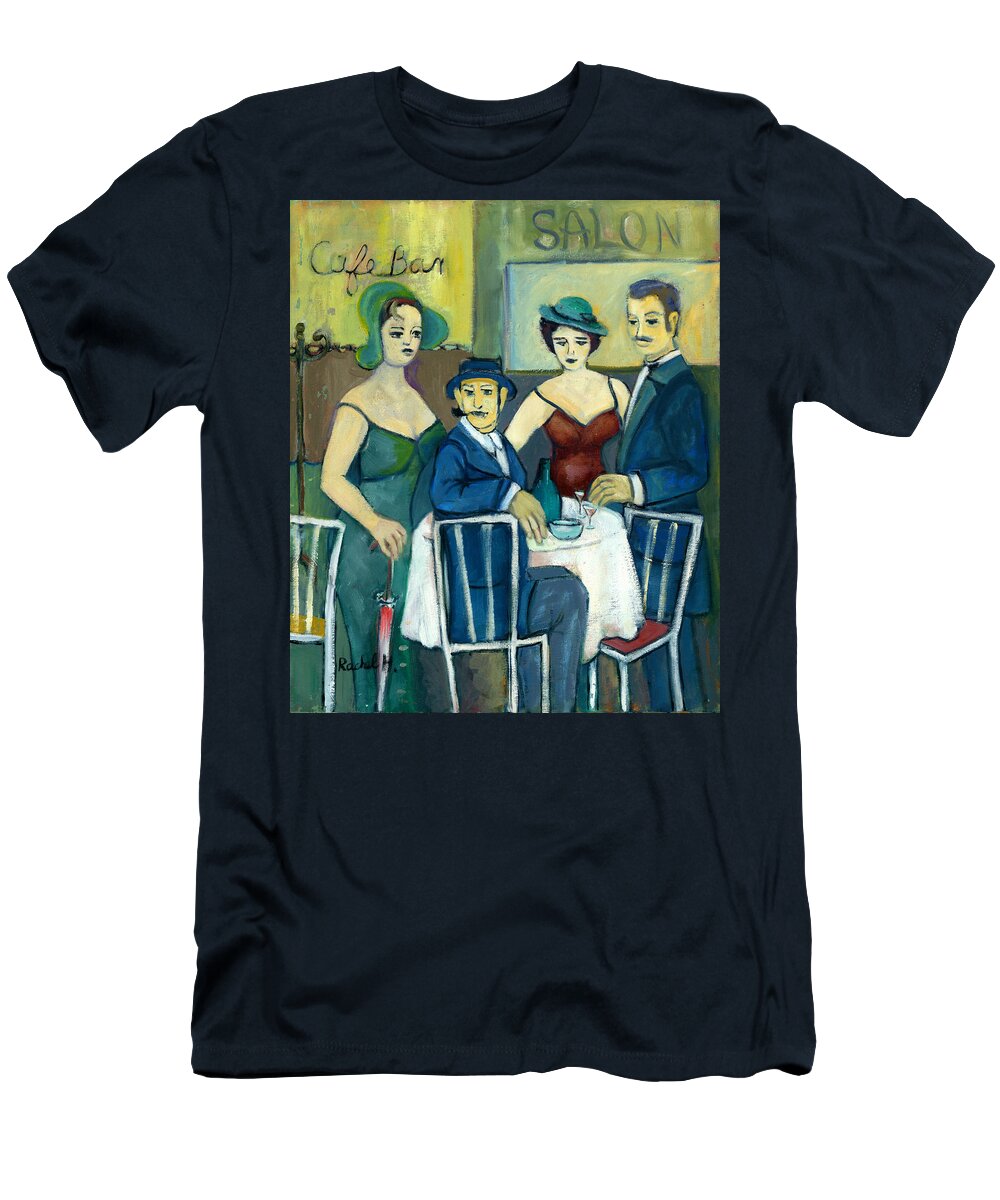  Parisian T-Shirt featuring the painting Parisian cafe scene in blue green and brown by Rachel Hershkovitz