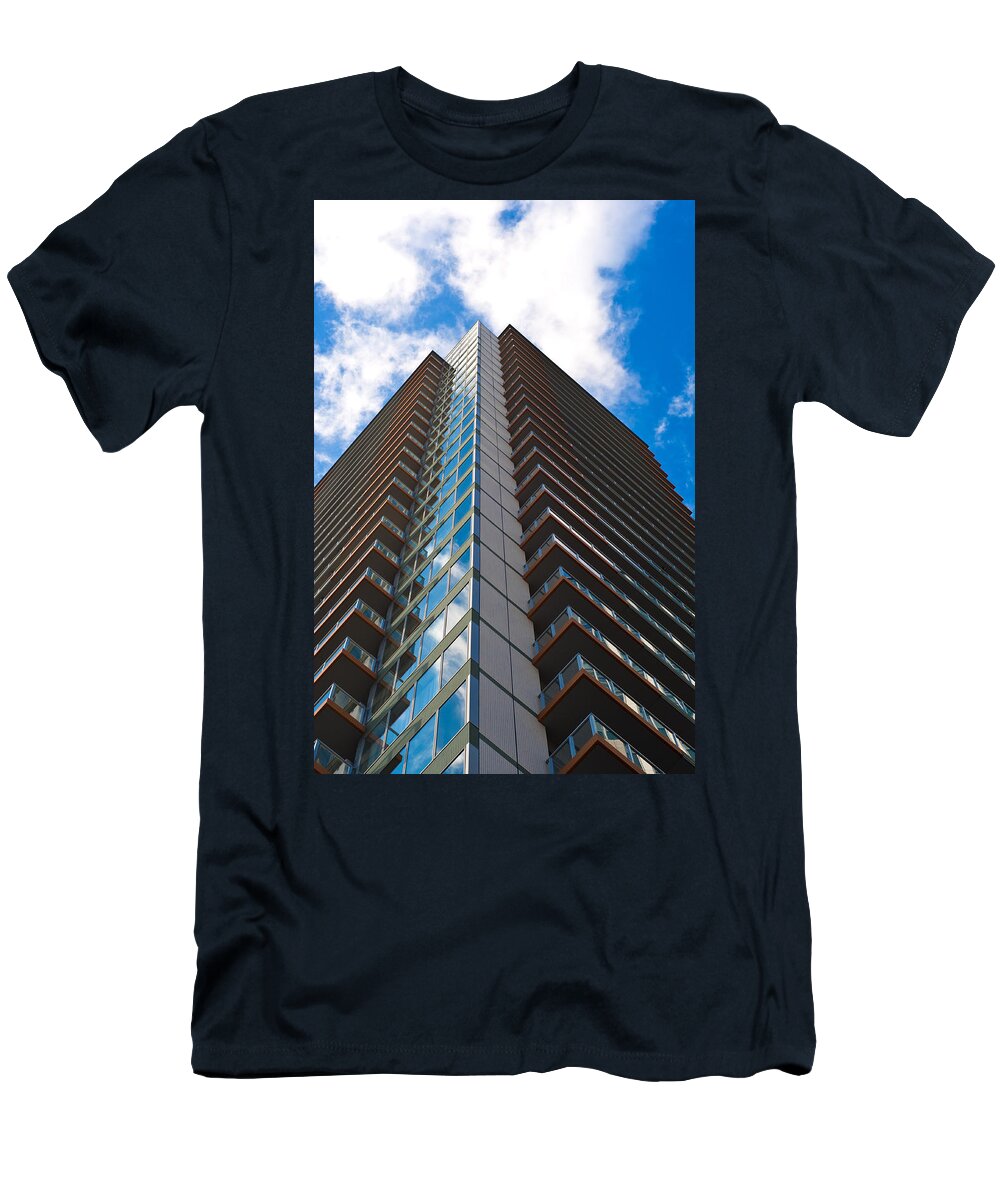Abstract T-Shirt featuring the photograph Skyscraper front view with blue sky by U Schade