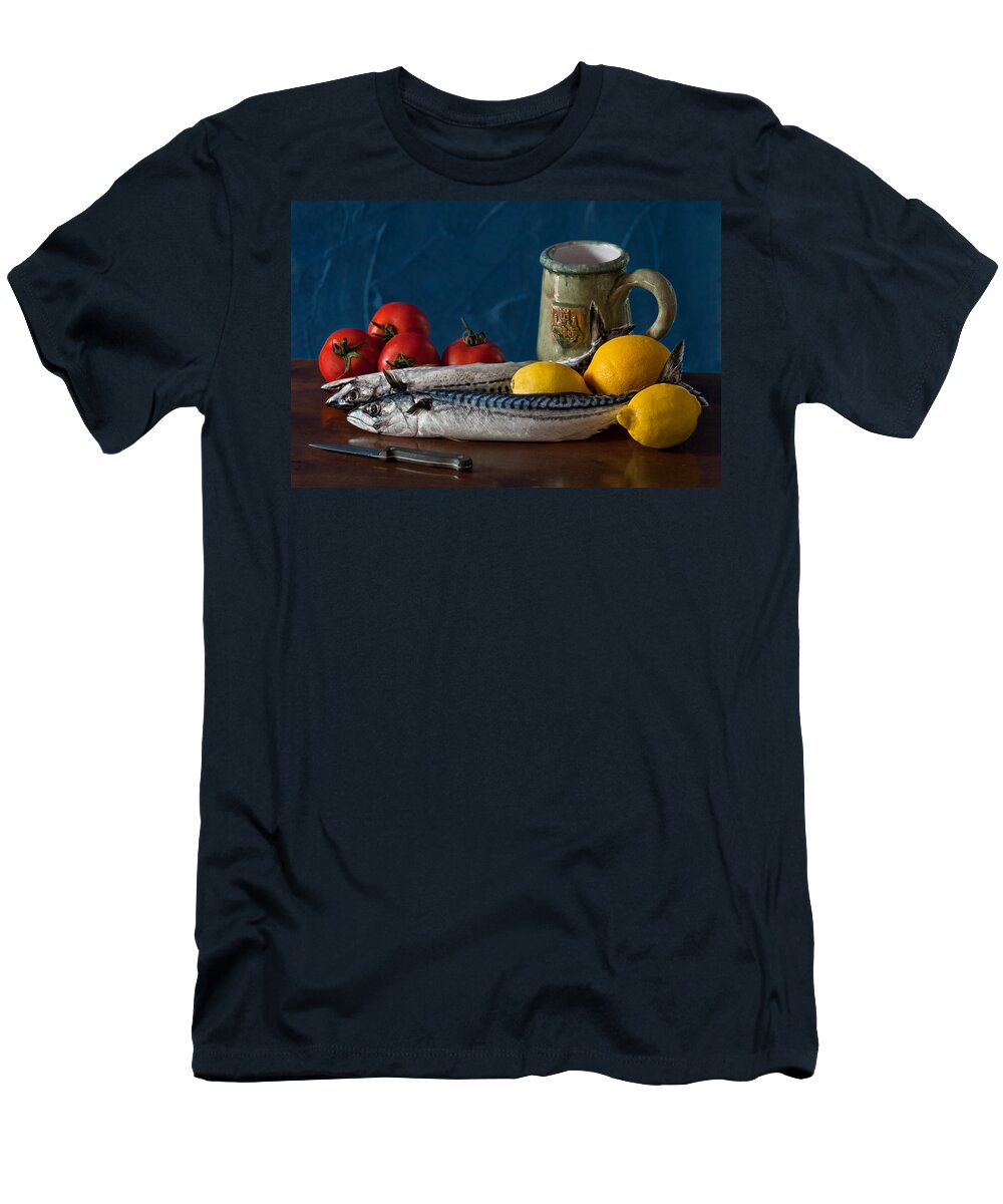 Still Life T-Shirt featuring the photograph Still life with mackerels lemons and tomatoes by Juan Carlos Ferro Duque