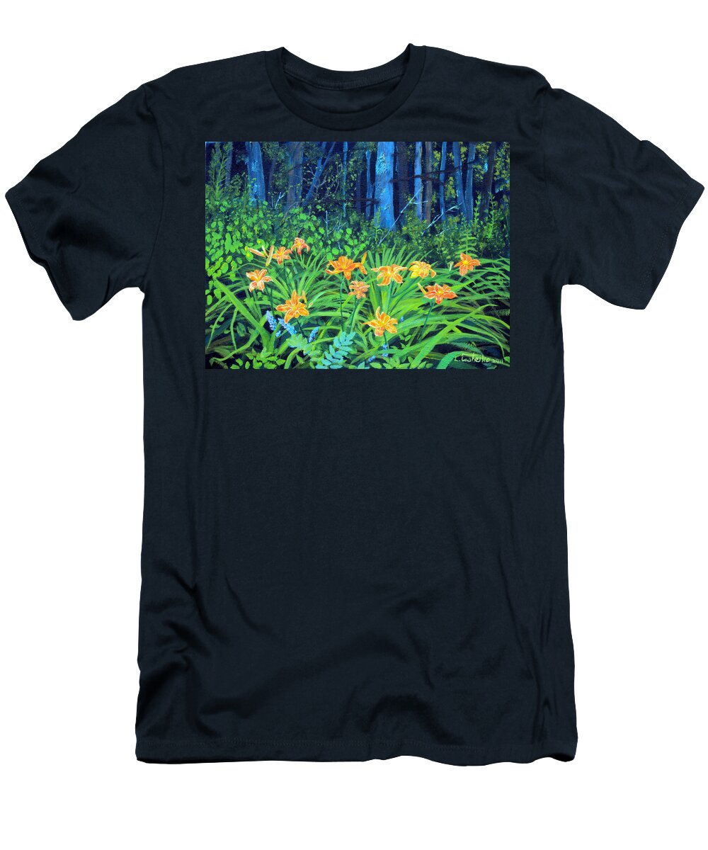 Maine T-Shirt featuring the painting Summer Woods Daylilies by Laura Tasheiko