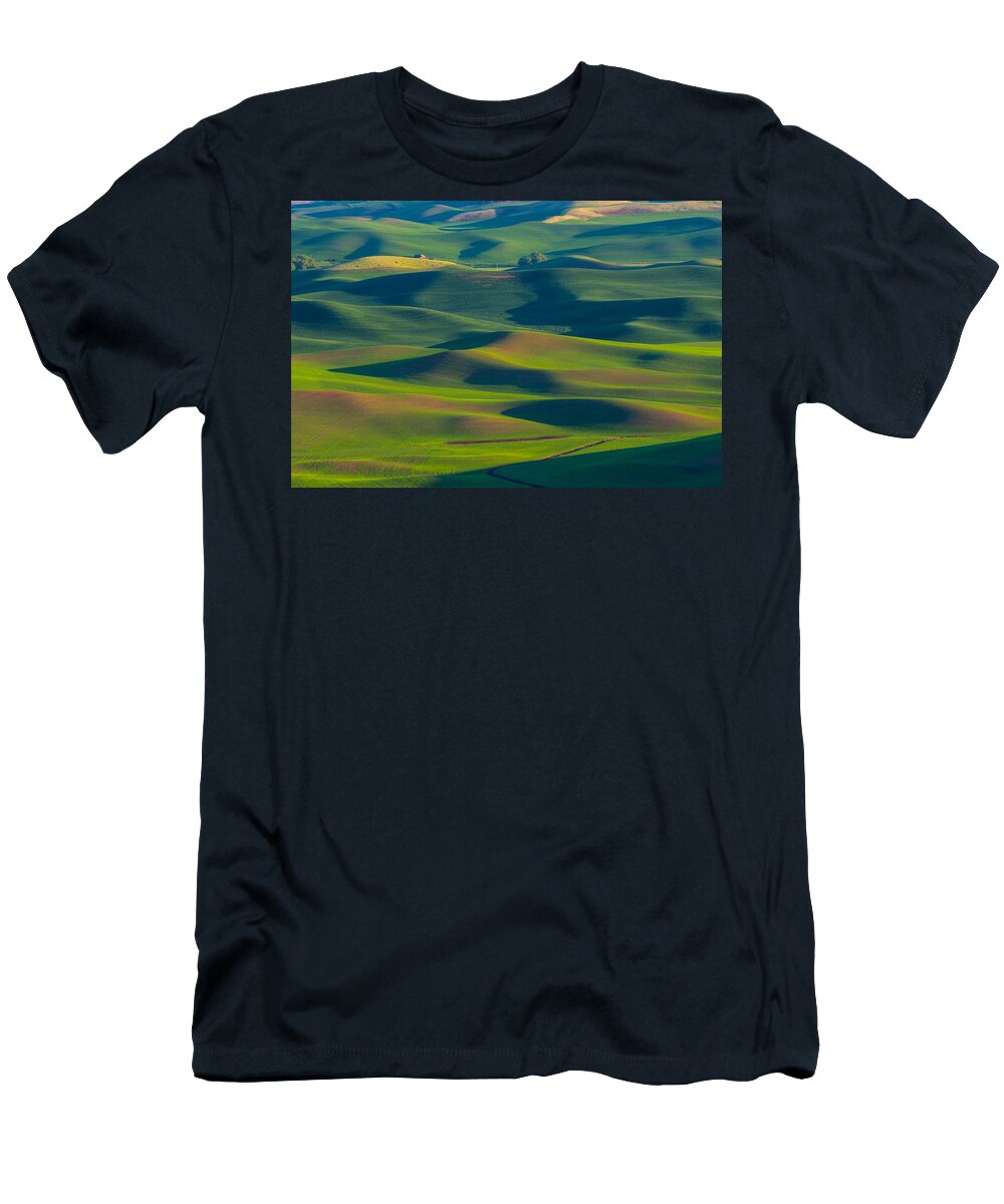 Palouse T-Shirt featuring the photograph Wheat rolling hills with red barn by Hisao Mogi