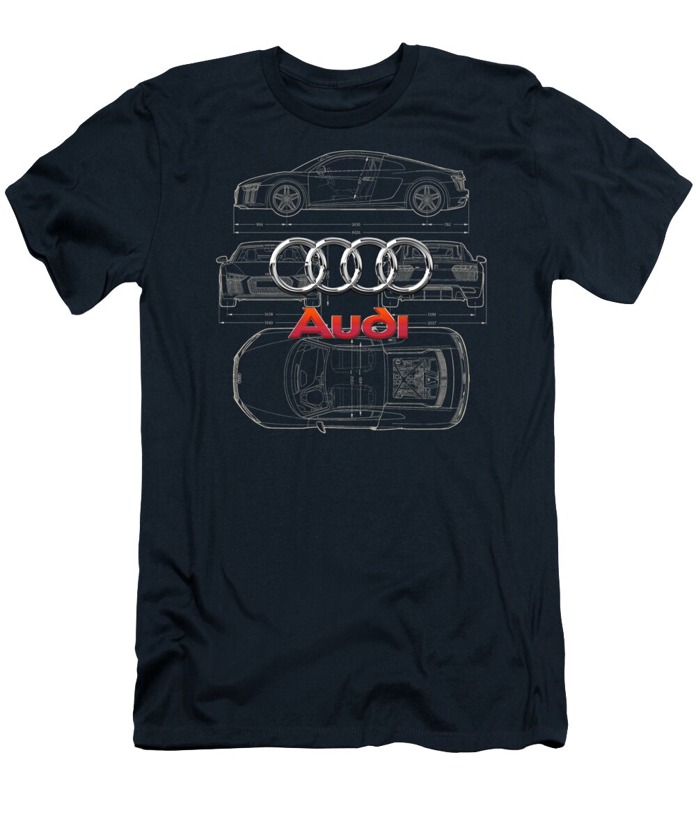  �wheels Of Fortune� Collection By Serge Averbukh T-Shirt featuring the photograph Audi 3 D Badge over 2016 Audi R 8 Blueprint by Serge Averbukh