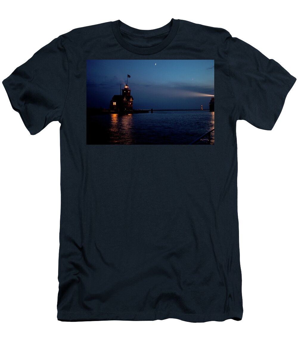 Michigan T-Shirt featuring the photograph Big Red Lighthouse Holland Michigan With Freighter #2 by Ken Figurski
