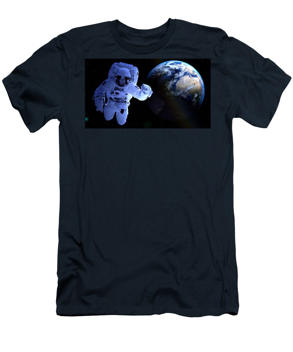 Globe T-Shirt featuring the painting Earth and Astraunot selfie #1 by Celestial Images