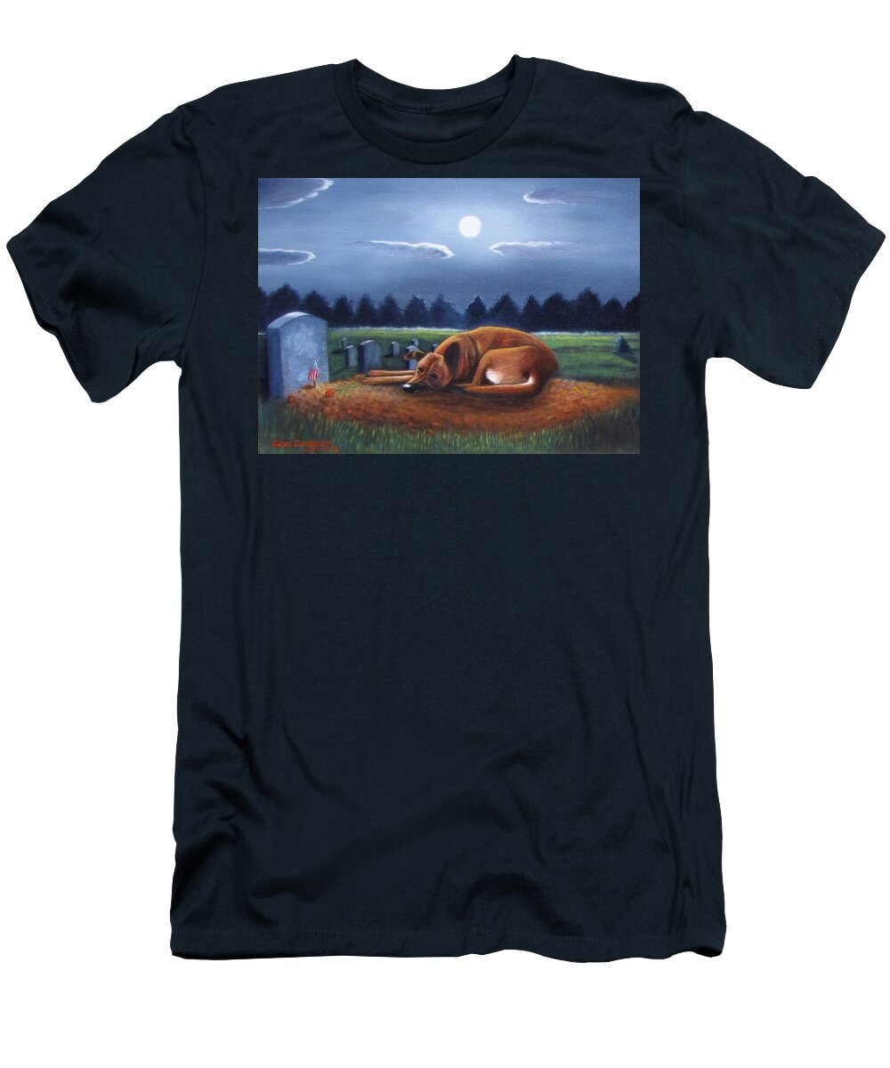 Dog On A Grave In A Cemetery. Moon Light T-Shirt featuring the painting The Watchman by Gene Gregory