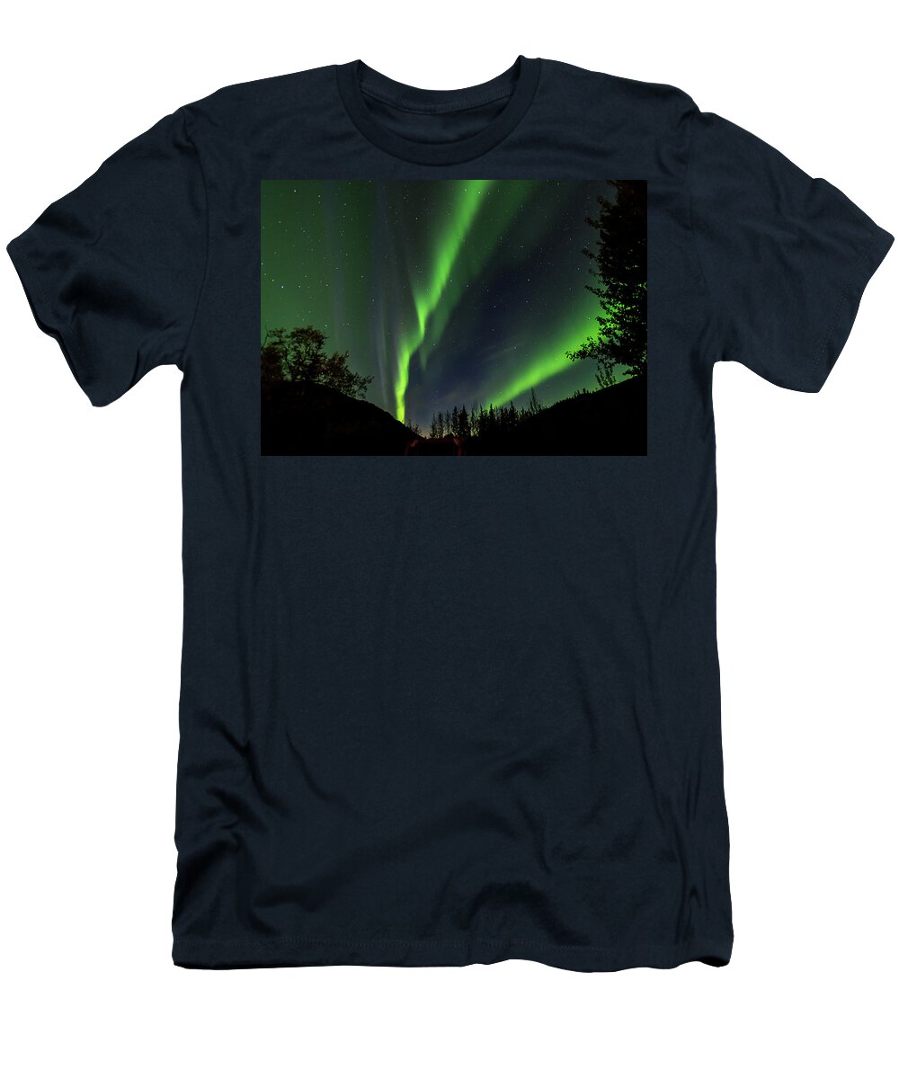 Denali T-Shirt featuring the photograph Northern lights, aurora borealis at Kantishna Lodge in Denali National Park #2 by Brenda Jacobs