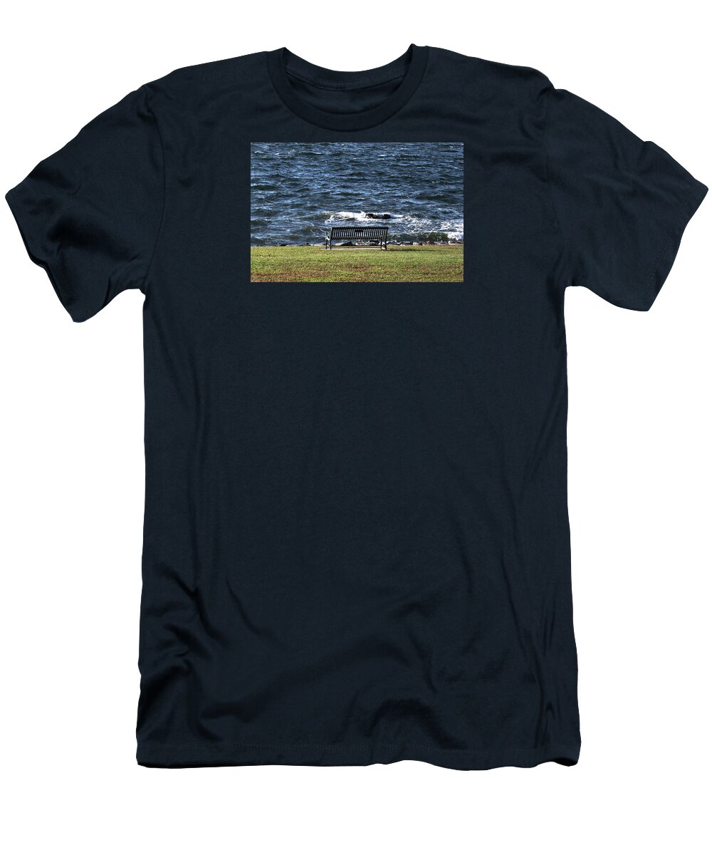 Usa T-Shirt featuring the photograph A bench by the sea by Tom Prendergast