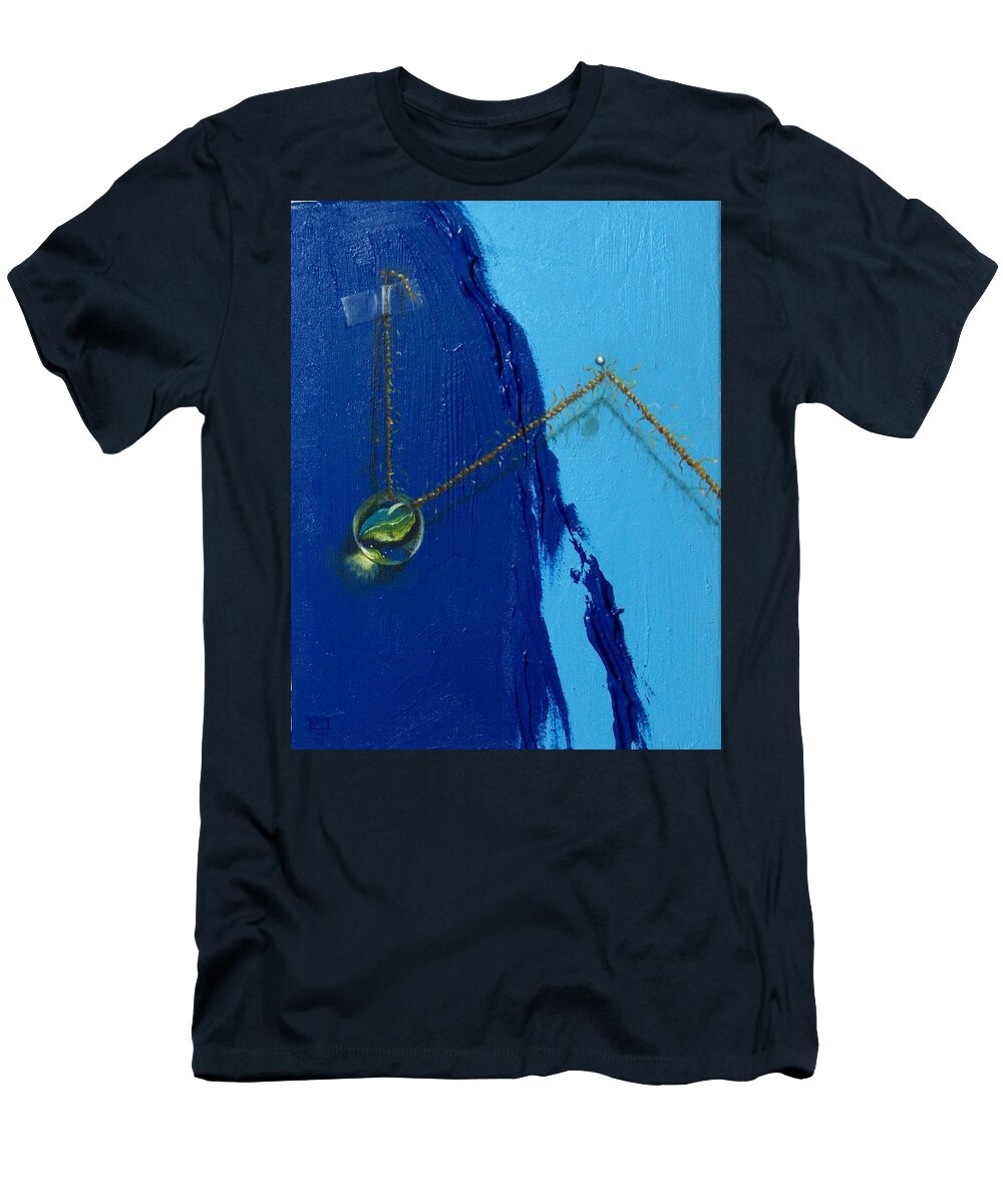 Marble Hanging By Rope Held By Tape And Needle T-Shirt featuring the painting Acrobatics number two by Roger Calle