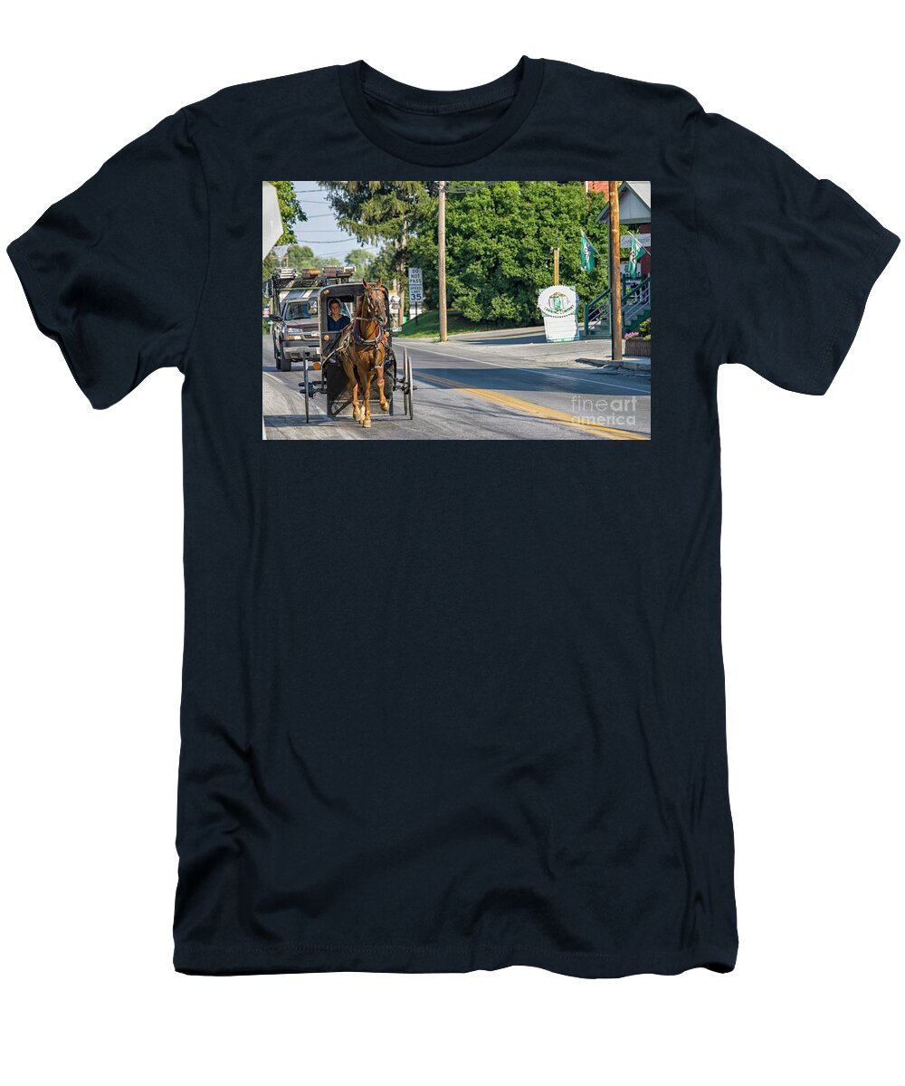 Agriculture T-Shirt featuring the photograph Amish girl on the road by Patricia Hofmeester