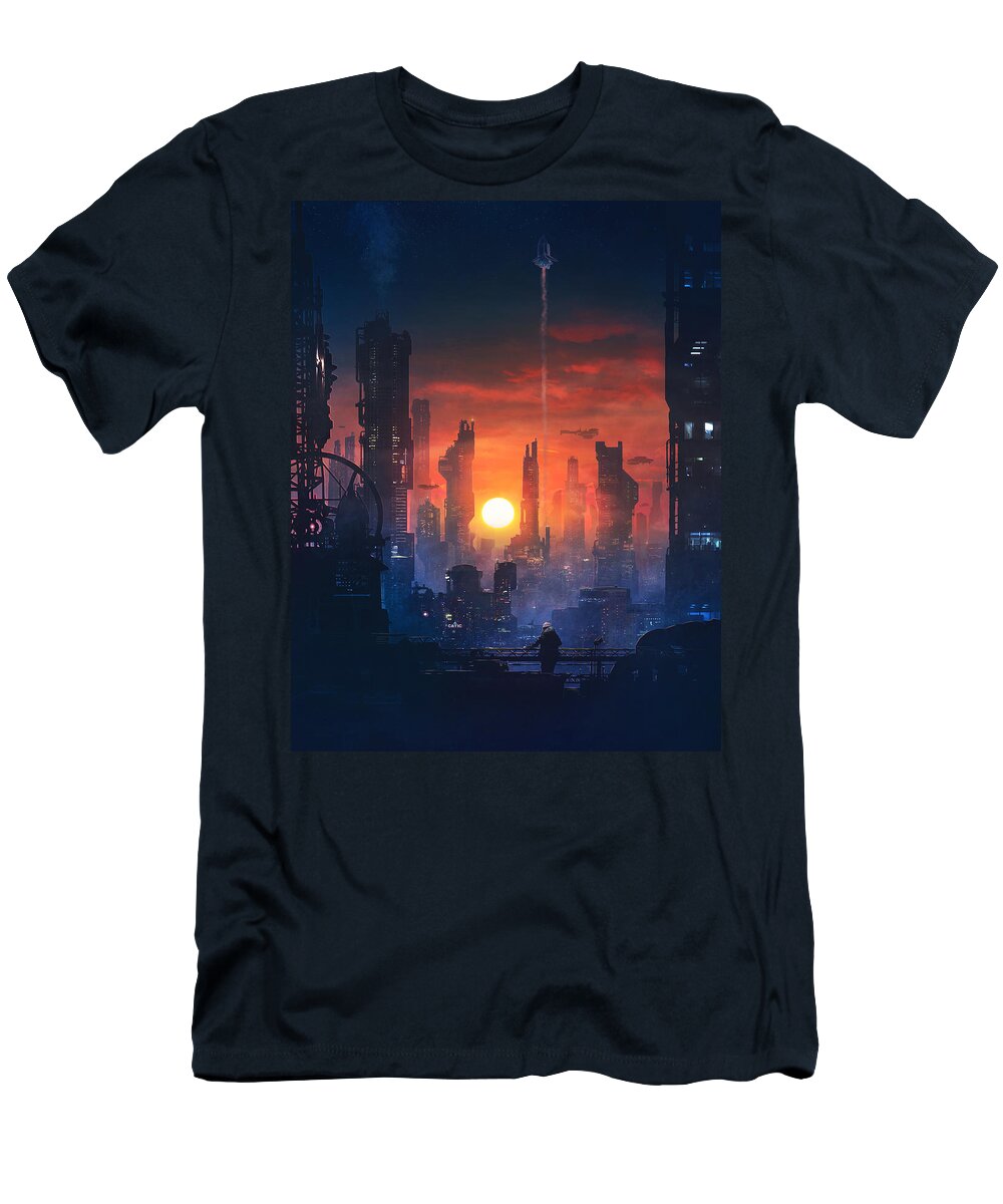 Scifi T-Shirt featuring the painting Barcelona Smoke and Neons The End by Guillem H Pongiluppi
