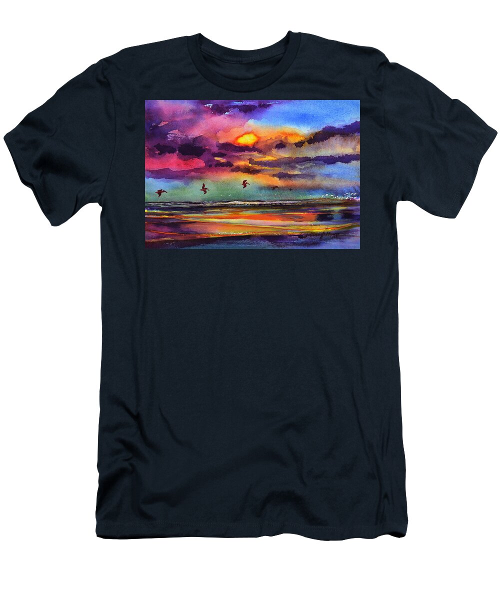 Abstract T-Shirt featuring the painting Beach sunrise with Pelicans 7-10-17 by Julianne Felton