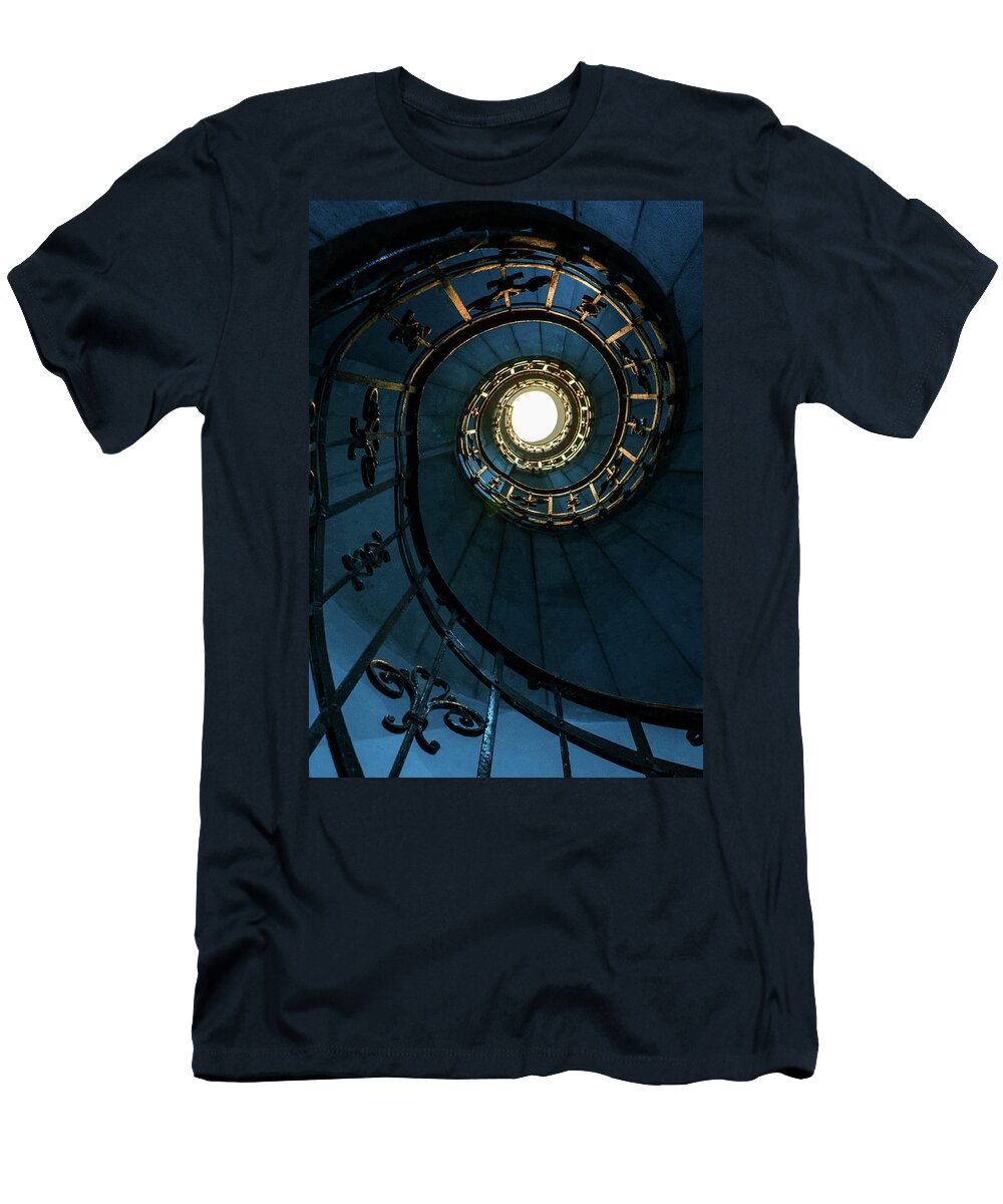 Blue T-Shirt featuring the photograph Blue and golden spiral staircase by Jaroslaw Blaminsky
