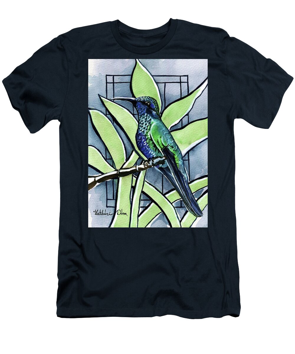 Hummingbird T-Shirt featuring the painting Blue Green Hummingbird by Dora Hathazi Mendes