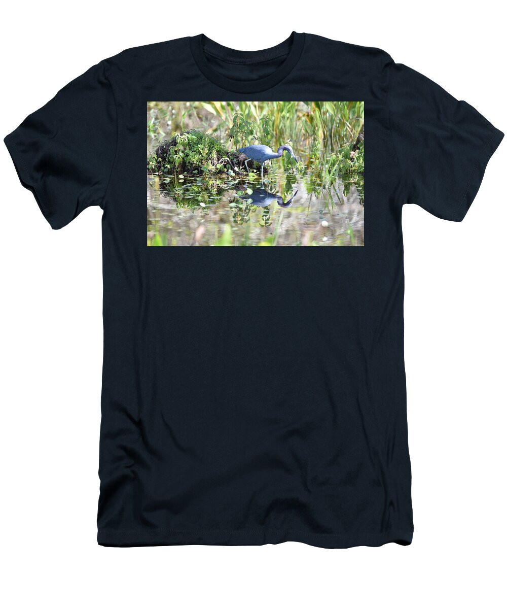 Blue Heron T-Shirt featuring the photograph Blue Heron Fishing in a Pond in Bright Daylight by Artful Imagery
