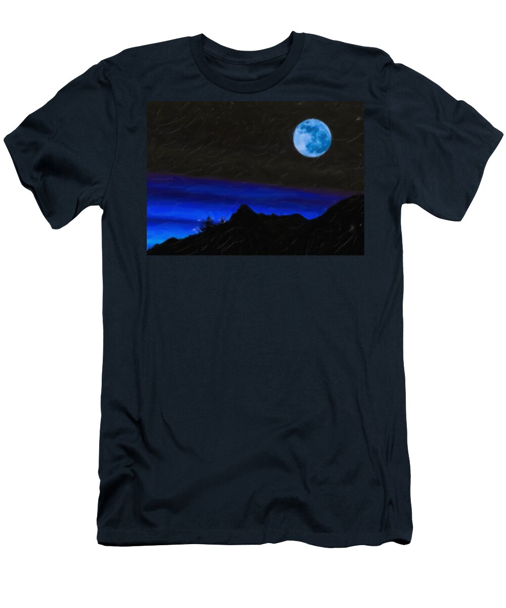 Fishing At Dusk T-Shirt featuring the painting Blue Moon by Celestial Images