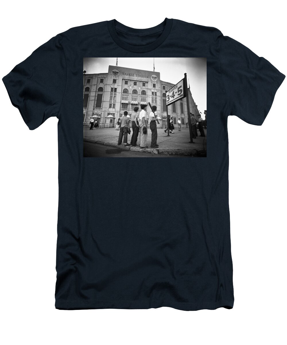 Boys Staring At Yankee Stadium T-Shirt featuring the painting Boys Staring At Yankee Stadium by MotionAge Designs