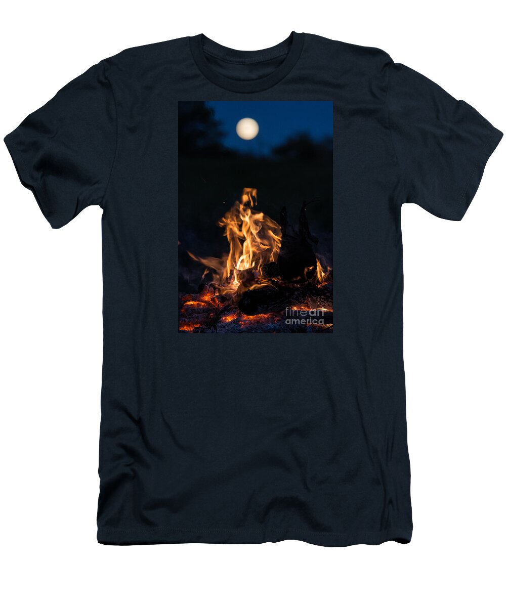 Cheryl Baxter Photography T-Shirt featuring the photograph Camp Fire and Full Moon by Cheryl Baxter