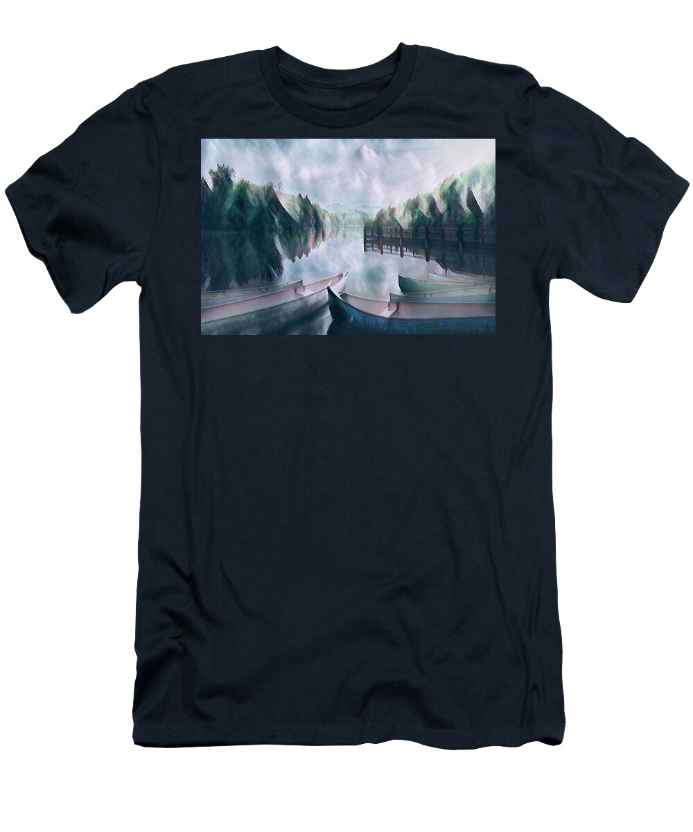 Appalachia T-Shirt featuring the photograph Canoes in Lakeside Abstracts by Debra and Dave Vanderlaan