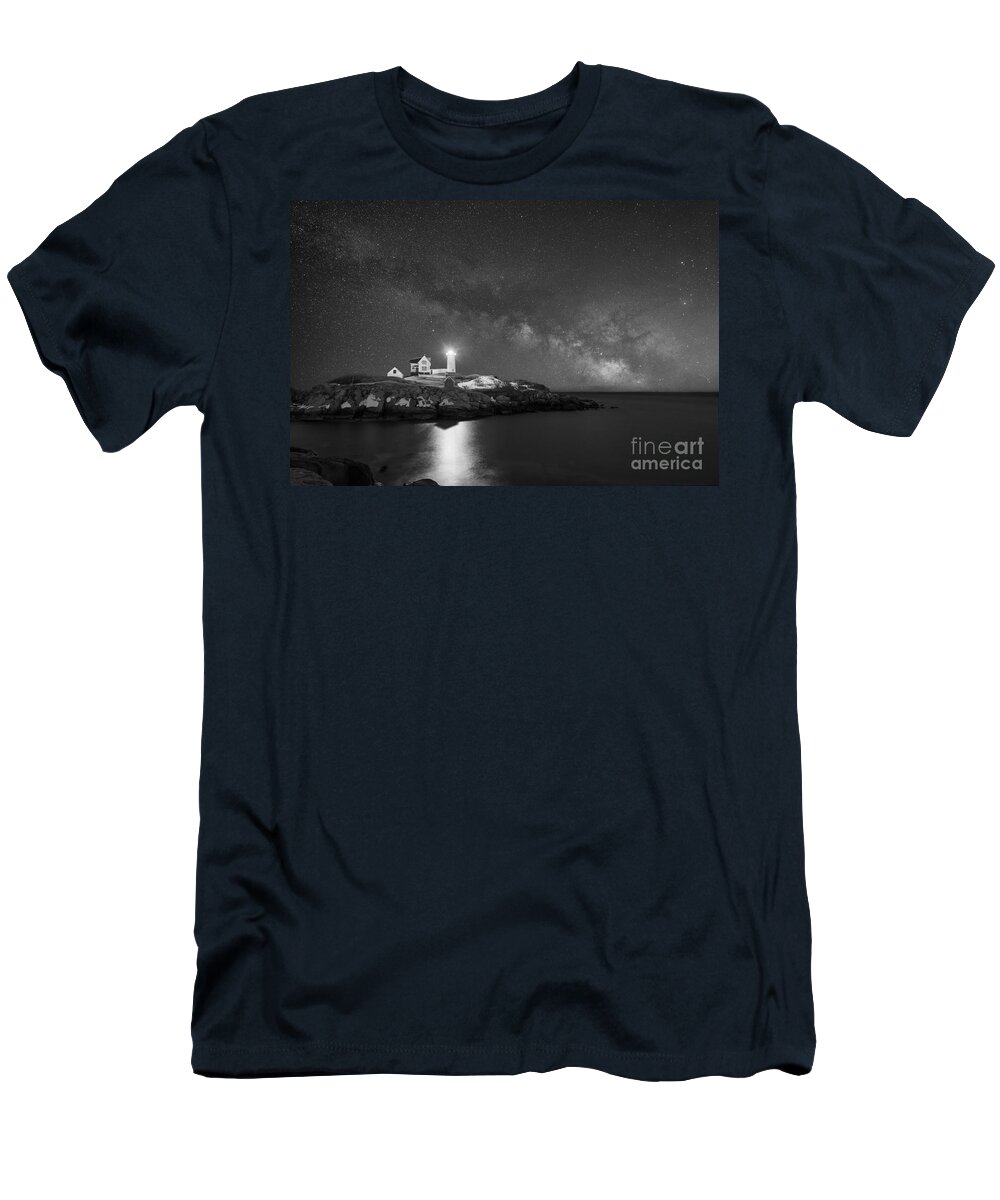 Nubble Lighthouse T-Shirt featuring the photograph Cape Neddick Light Milky Way BW by Michael Ver Sprill