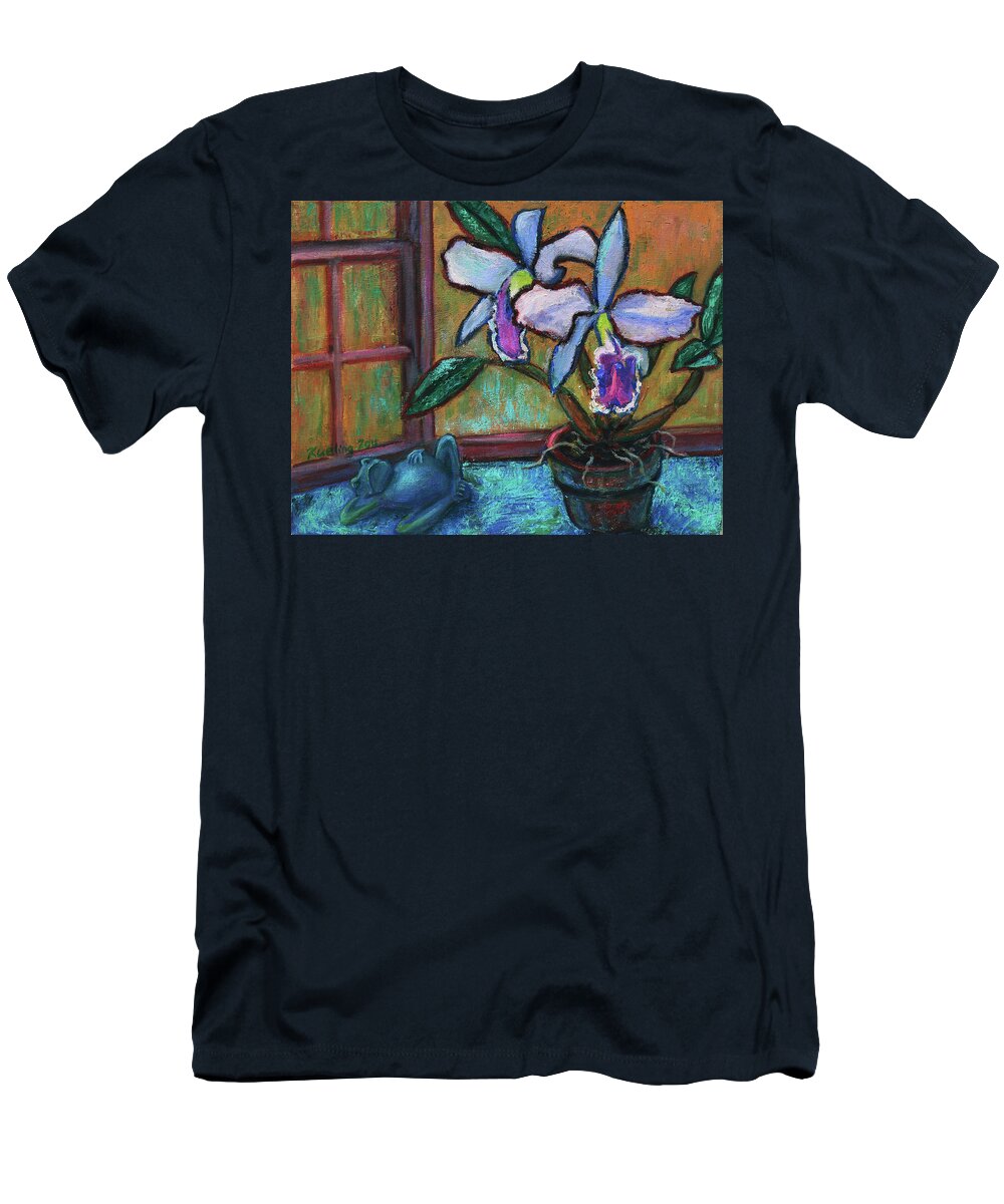 Flowers T-Shirt featuring the painting Cattleya Orchid and Frog by the Window by Xueling Zou