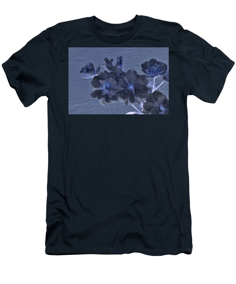 Linda Brody T-Shirt featuring the digital art Cluster of White Roses with Blue Cast by Linda Brody