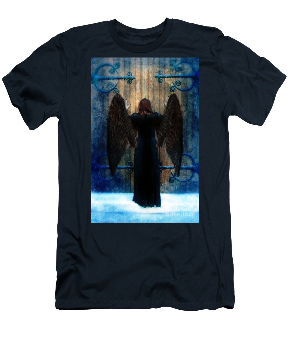 Angel T-Shirt featuring the photograph Dark Angel at Church Doors by Jill Battaglia
