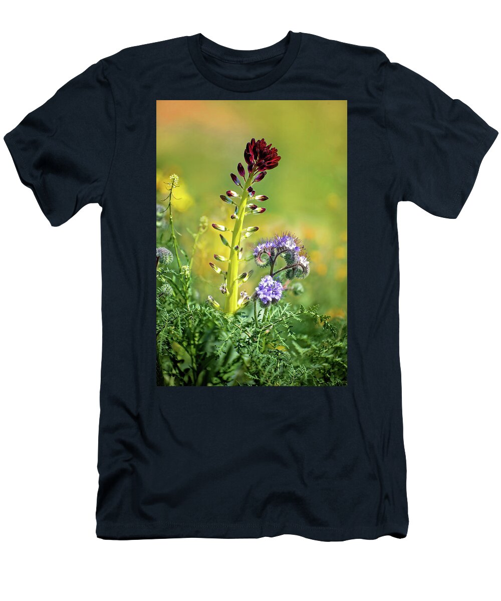 Dessert Candle T-Shirt featuring the photograph Desert Candle and Purple Phacelia - Superbloom 2017 by Lynn Bauer