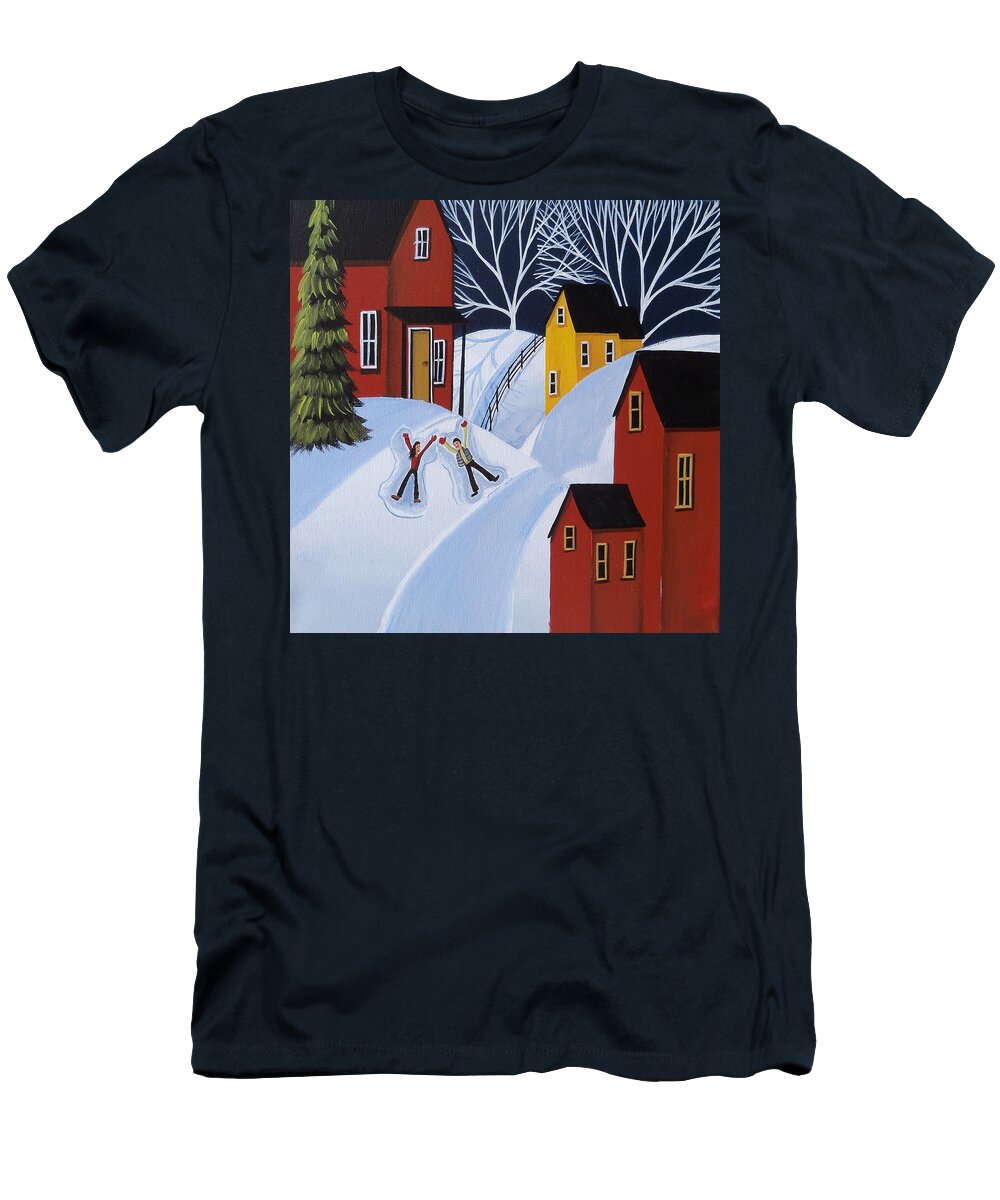 Folk Art T-Shirt featuring the painting Double Snow Angels - folk art landscape winter by Debbie Criswell