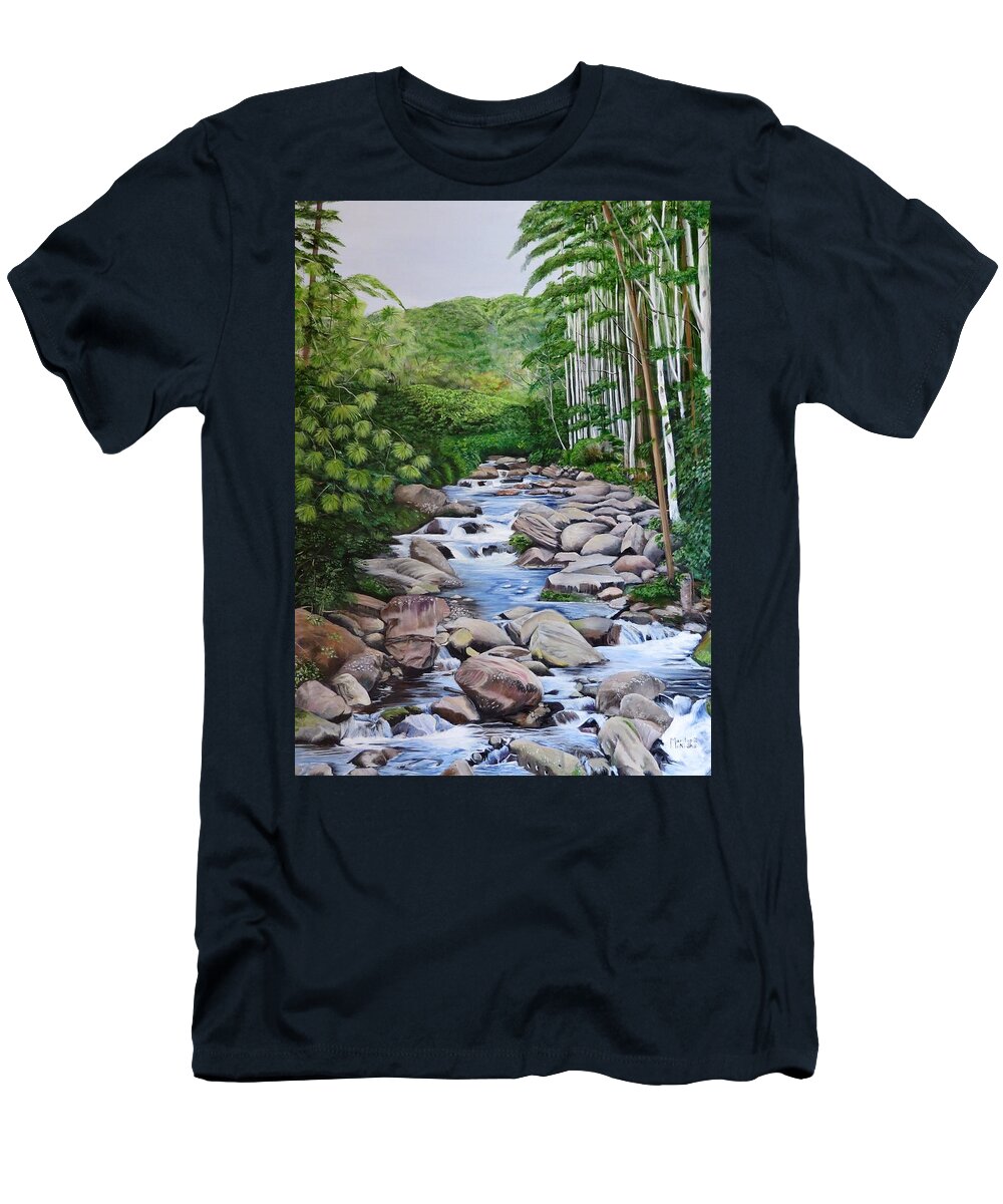 Stream T-Shirt featuring the painting Down stream by Marilyn McNish