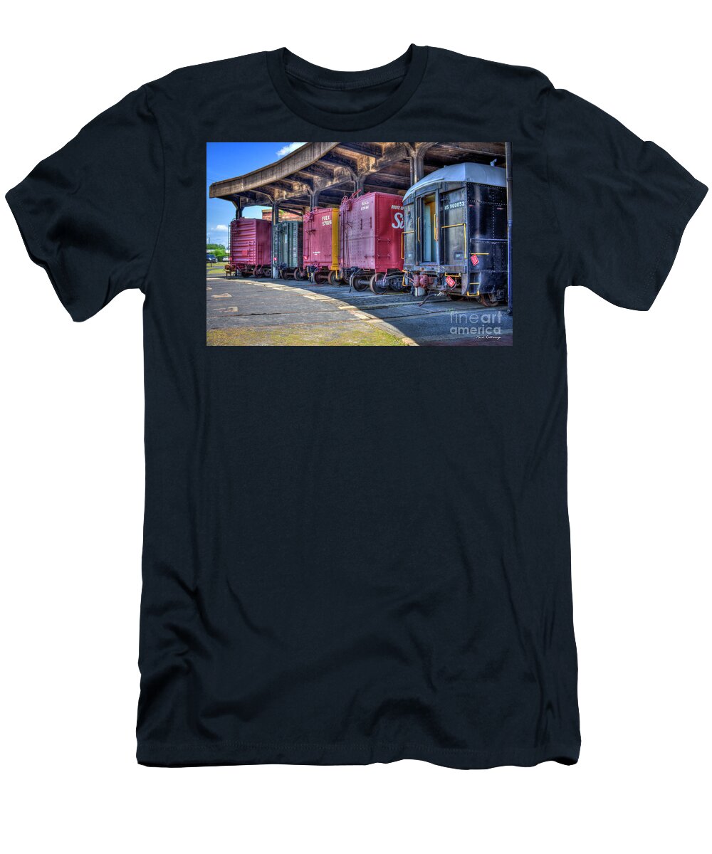 Reid Callaway Roundhouse Art T-Shirt featuring the photograph End Of The Track Train Cars Central Of Georgia Rail Road Art by Reid Callaway
