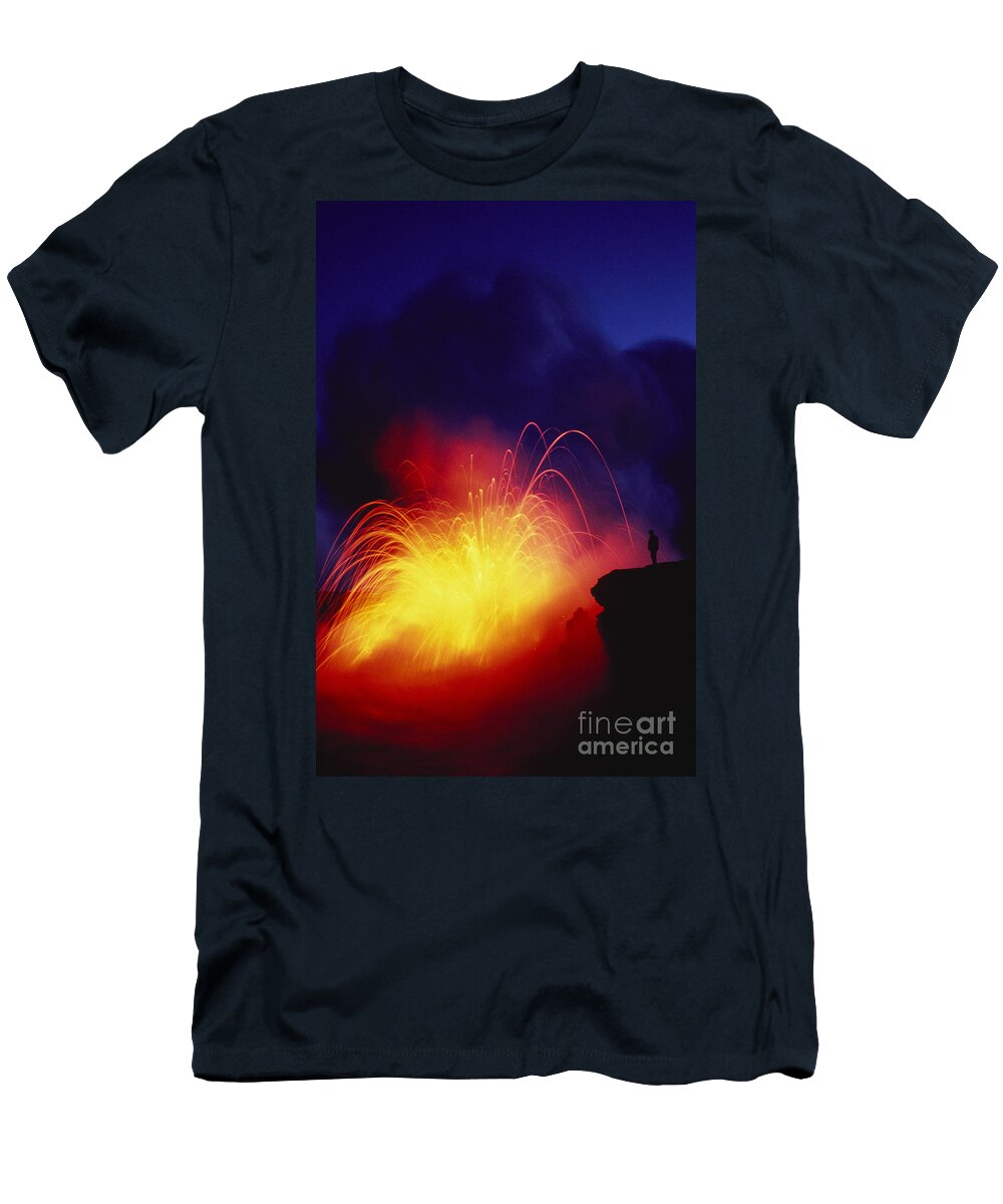 Air T-Shirt featuring the photograph Exploding Lava And Person by Greg Vaughn - Printscapes