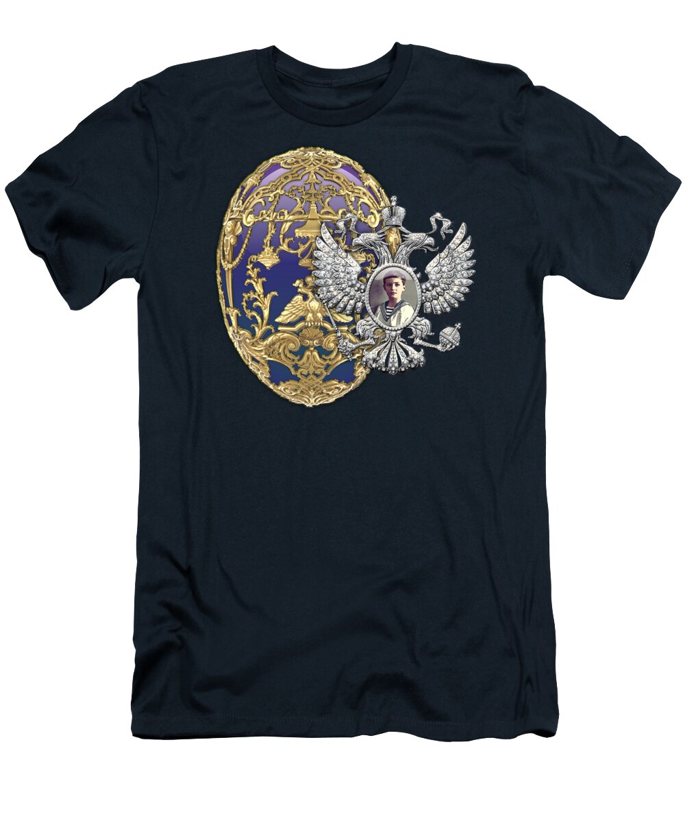'treasure Trove' Collection By Serge Averbukh T-Shirt featuring the digital art Faberge Tsarevich Egg with Surprise on Blue Velvet by Serge Averbukh