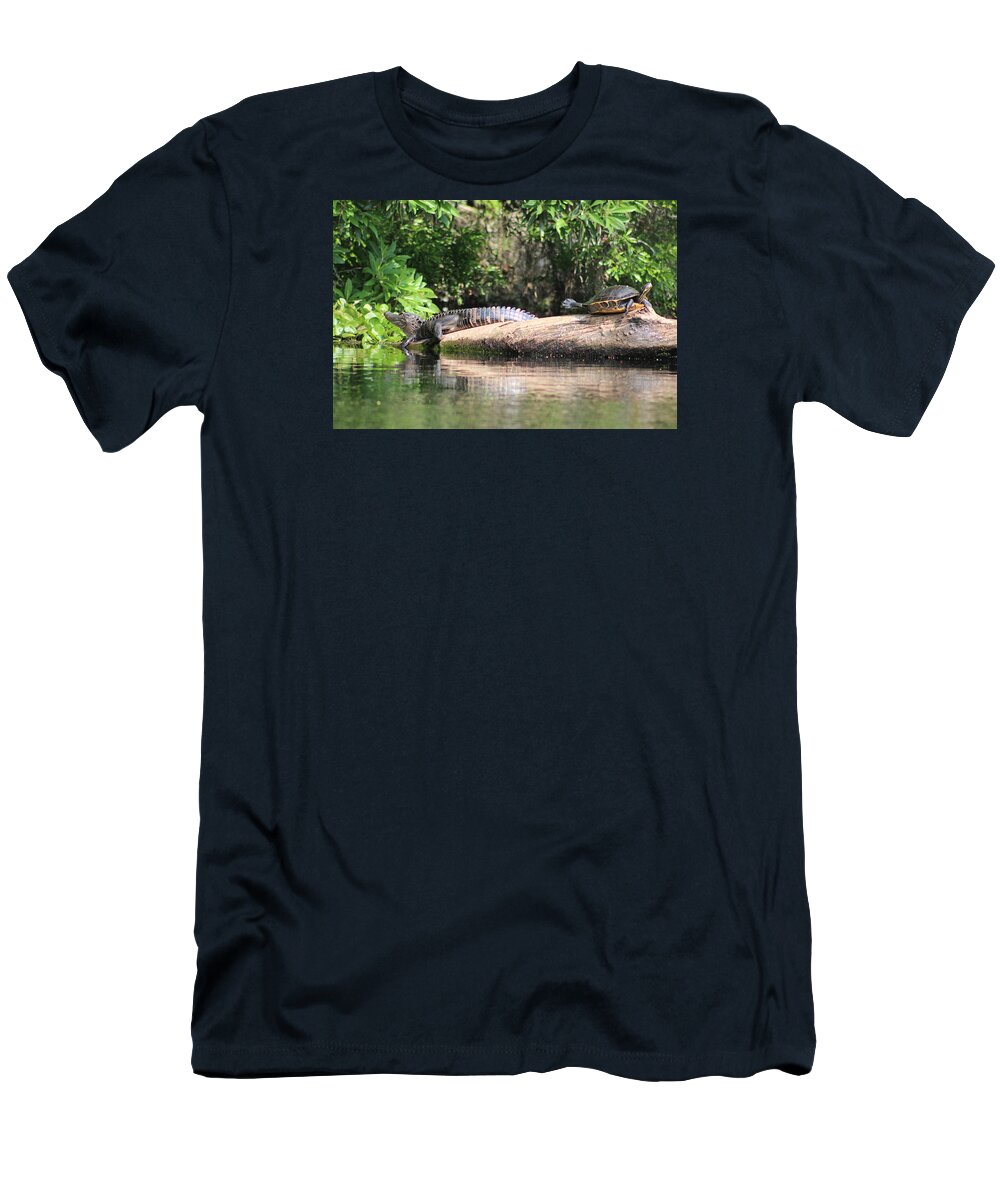 Gator T-Shirt featuring the photograph Gator and Turtle Loving the Sun by DB Hayes